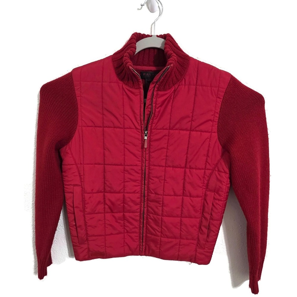 Ralph Lauren Jacket Womens Size Medium Red Quilted Knit Slick Plaid Lablel